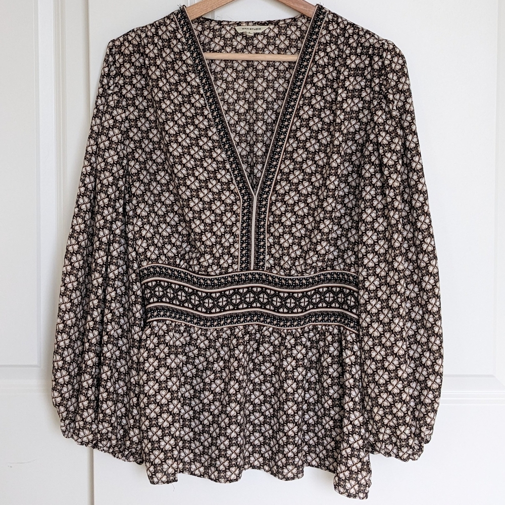 Max Studio Puff Sleeve Top Women L Floral Smocked Long Sleeve Boho Peasant Flowy